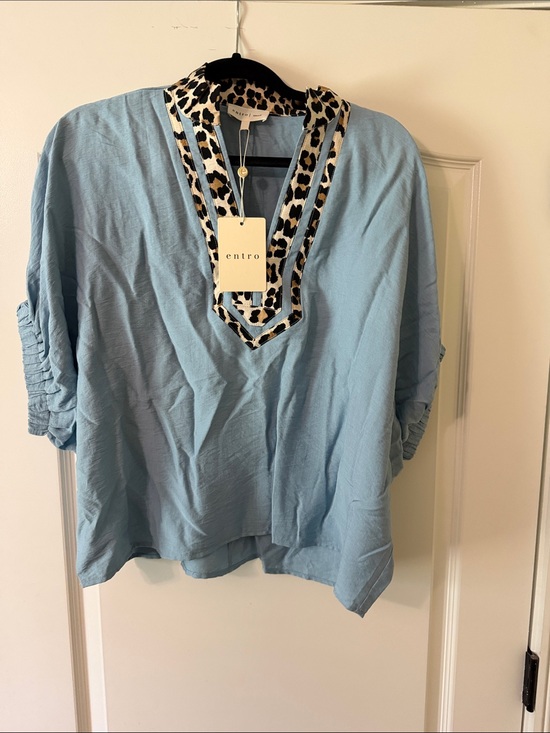 entro Tops - entro Women's Light Blue Blouse with Leopard Trim